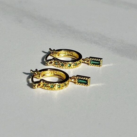 New! “Gisele” Dainty Emerald Drop Hoop Earrings - Picture 3 of 4